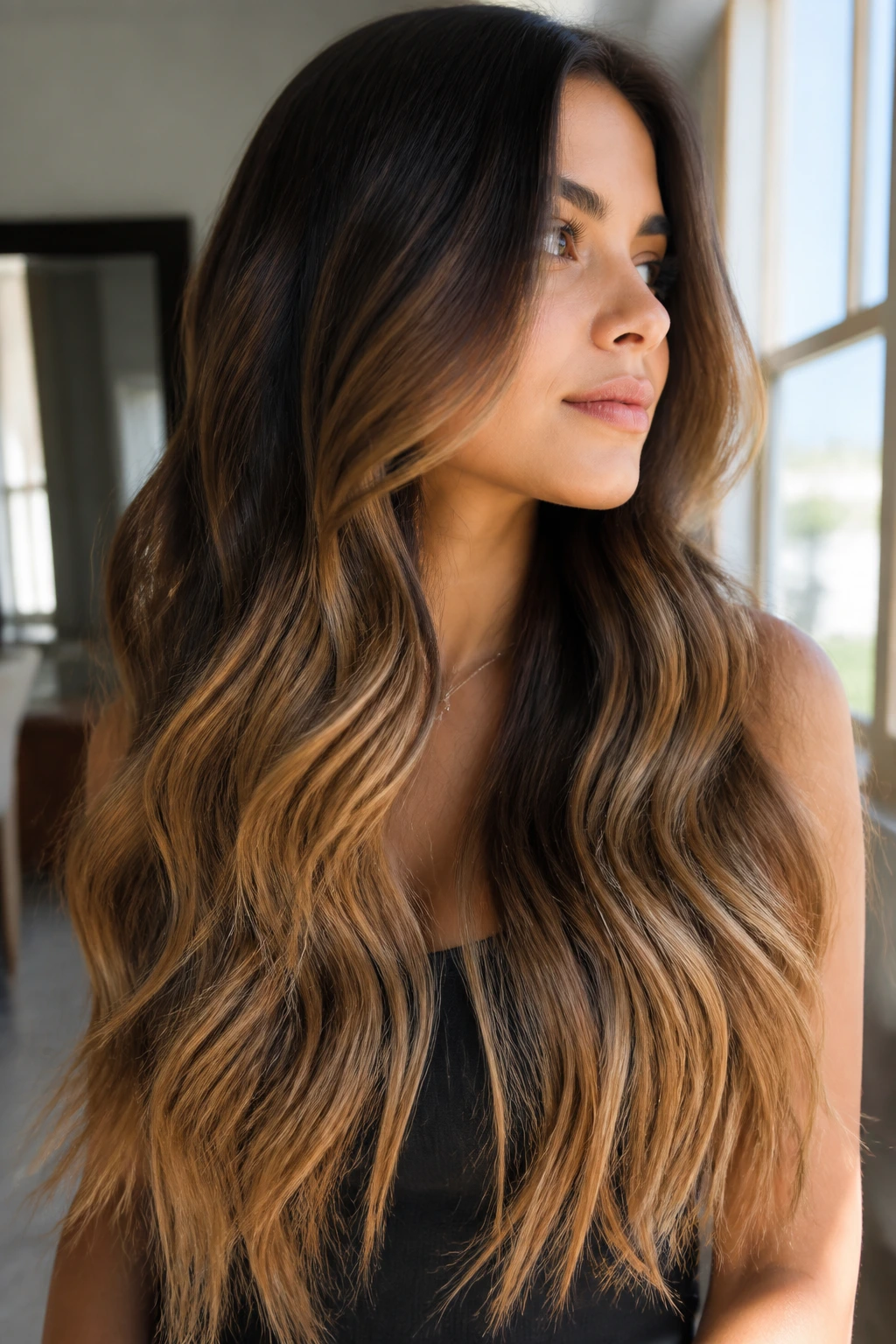 Real person with long hair showing balanced balayage across lengths