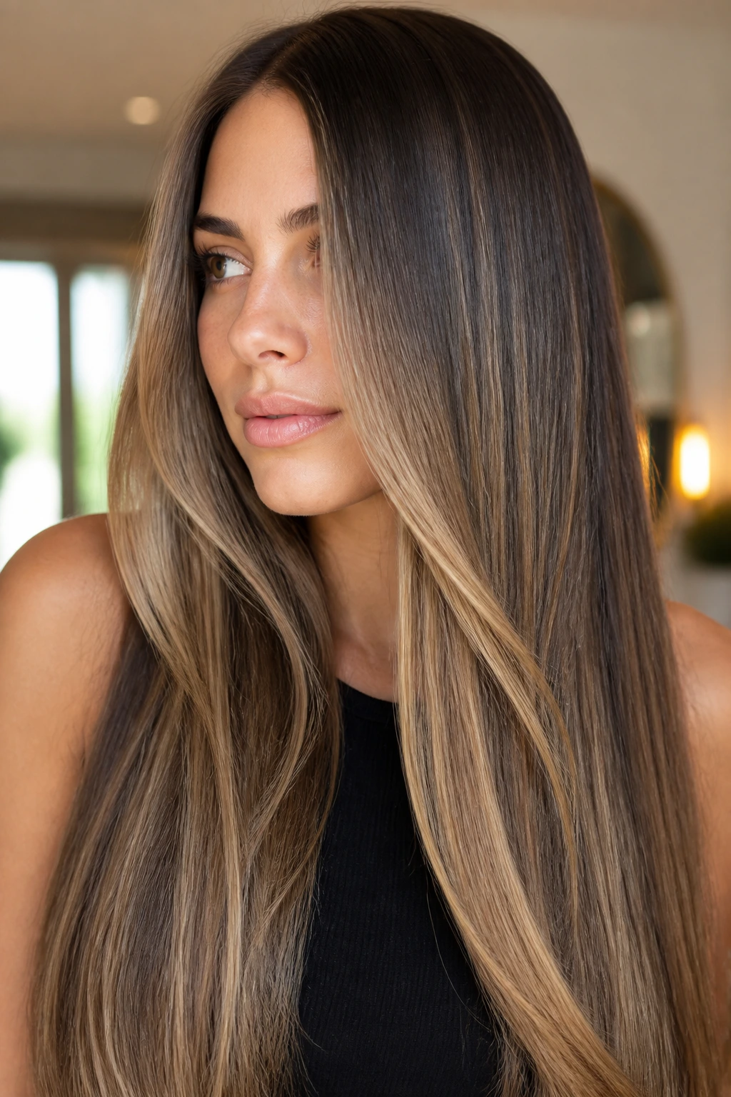 Close-up portrait of long straight hair with soft balayage on a real person, natural light