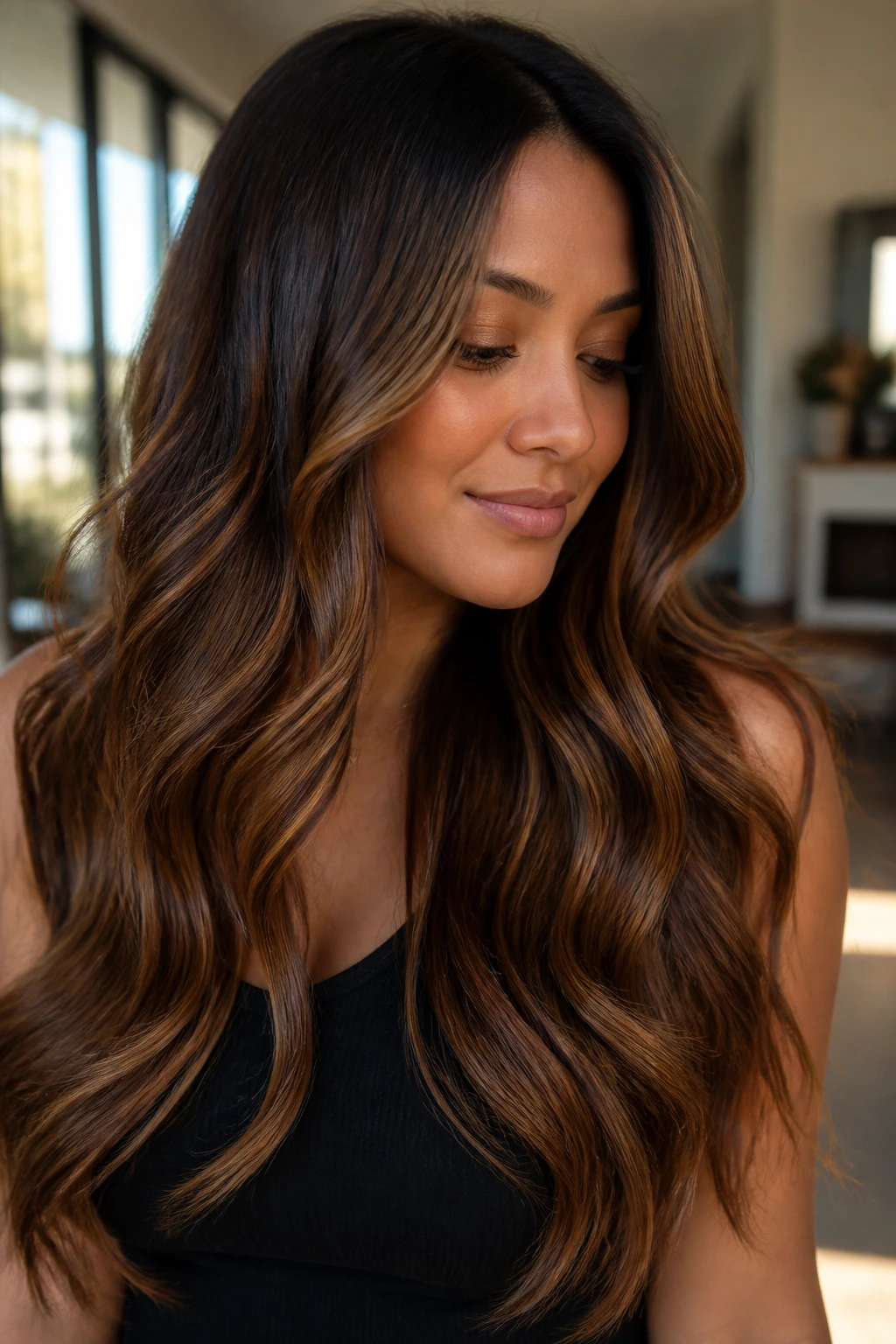 Long wavy brunette with cinnamon mocha balayage in natural light
