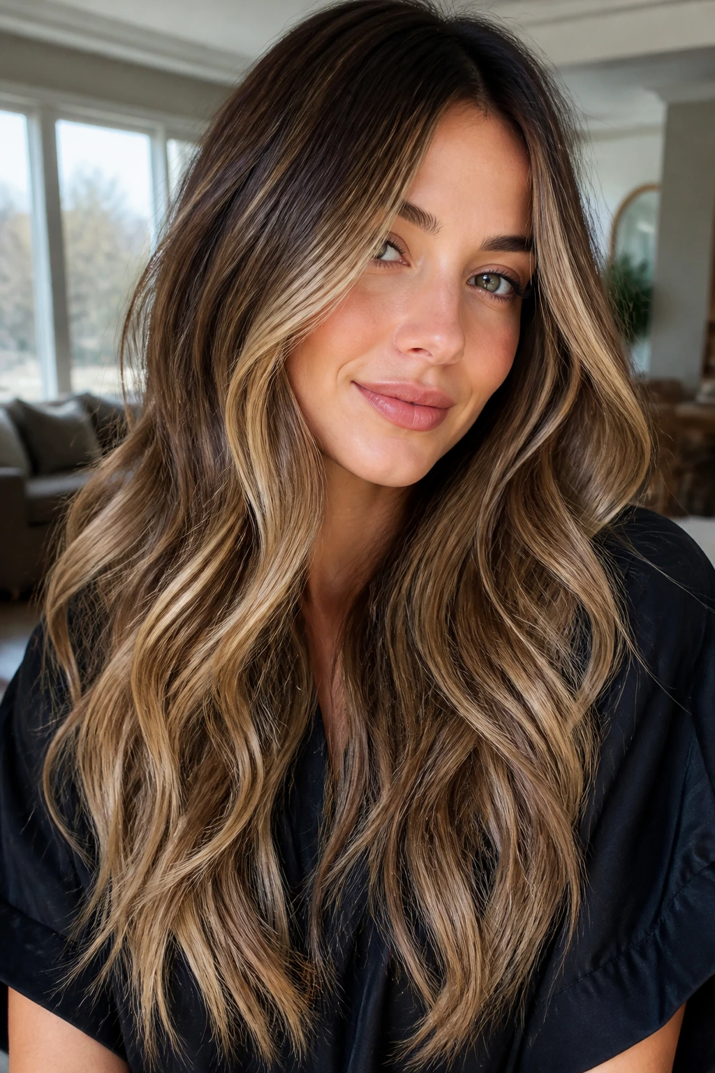 Close-up portrait of a real person with long balayage looks showing a soft root-to-end color gradient.