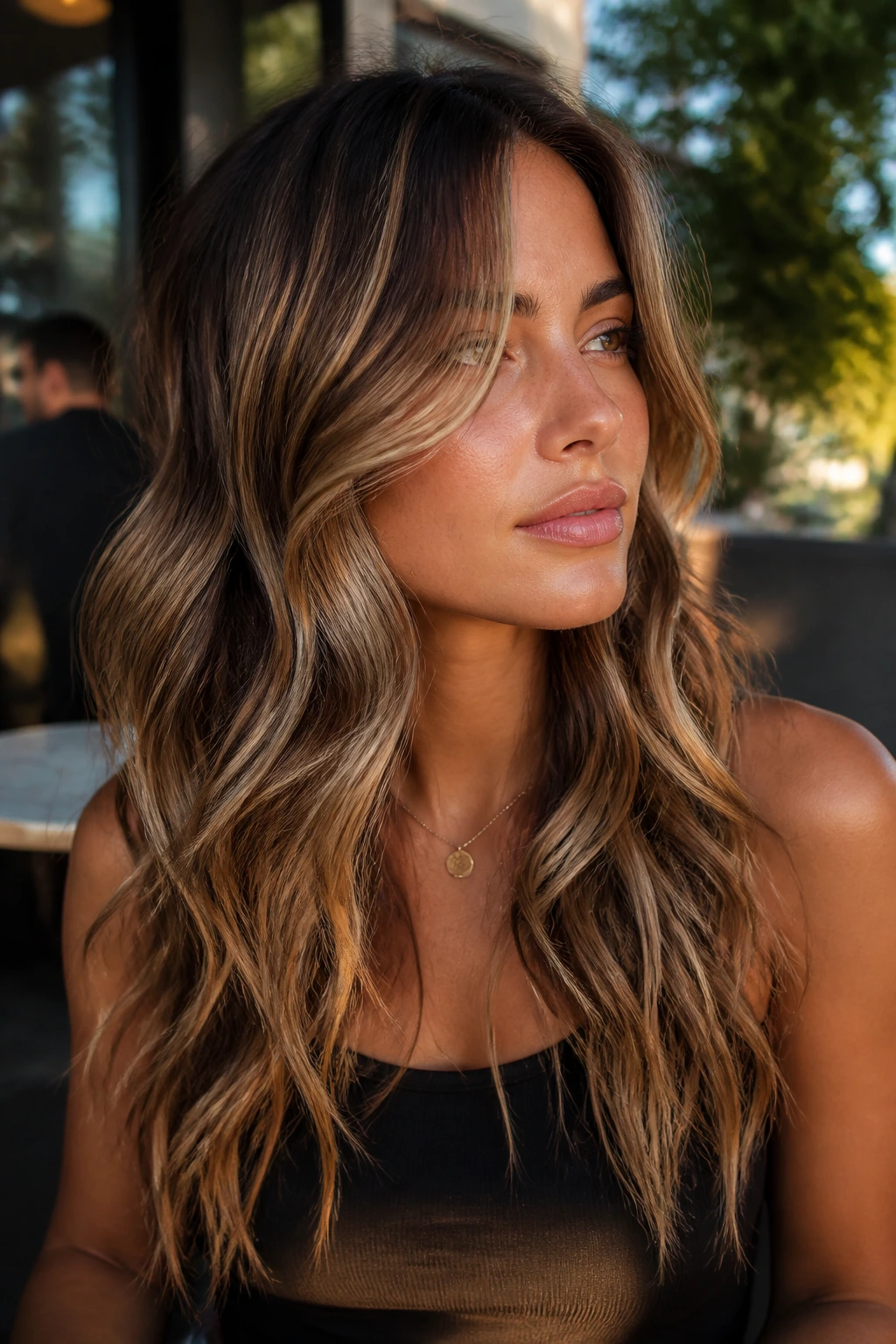 Close-up of a real person with long layered balayage, showcasing adaptable color for different goals