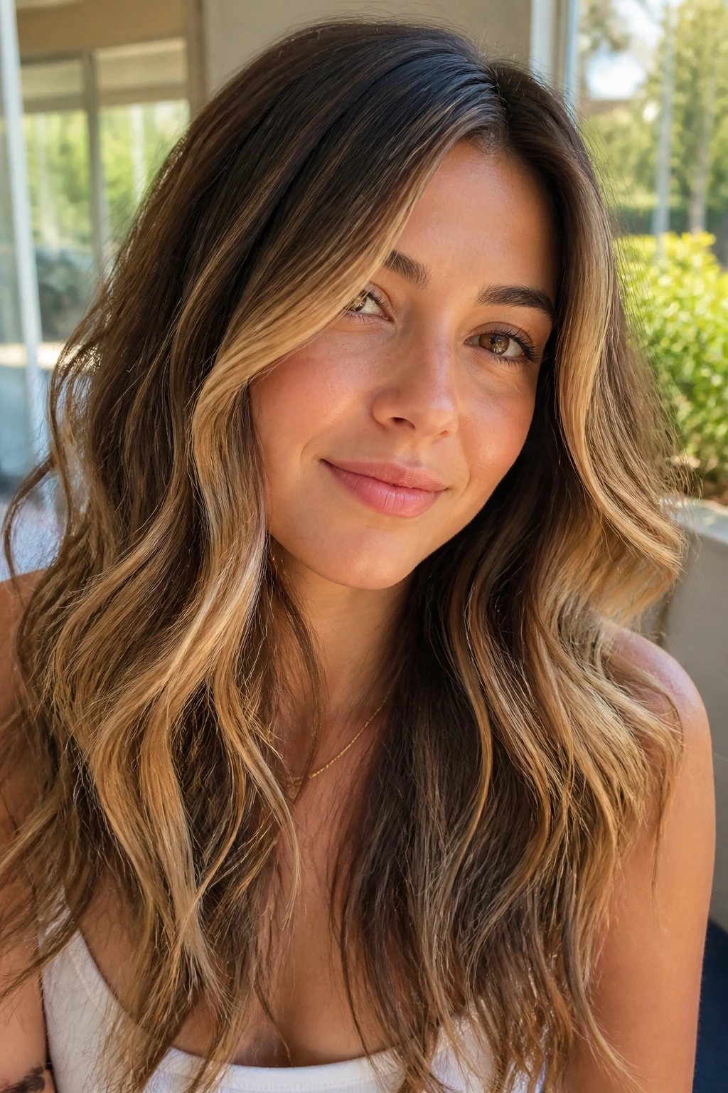 Portrait of woman with loose-wave balayage showing ribbons in sunlight