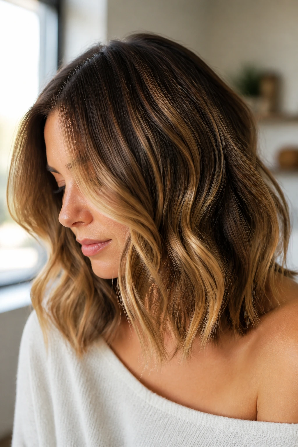Portrait of a real woman with medium-length balayage and loose waves showing dimension