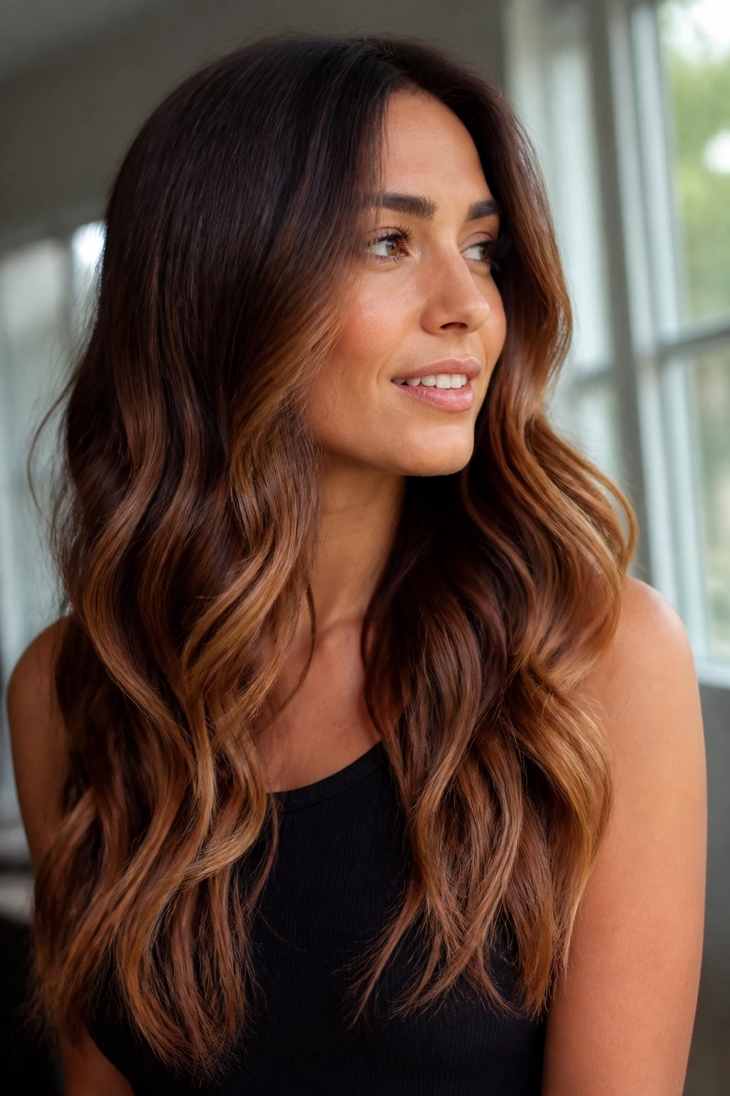 Portrait of brunette with mahogany-to-caramel melt