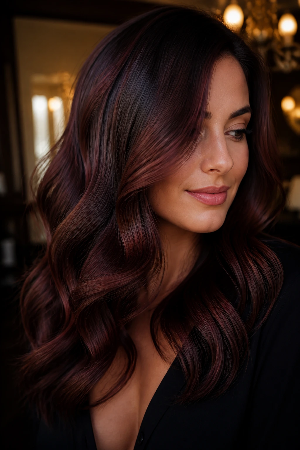 Close-up of a real woman's hair with deep mahogany balayage and wine-dark glow.