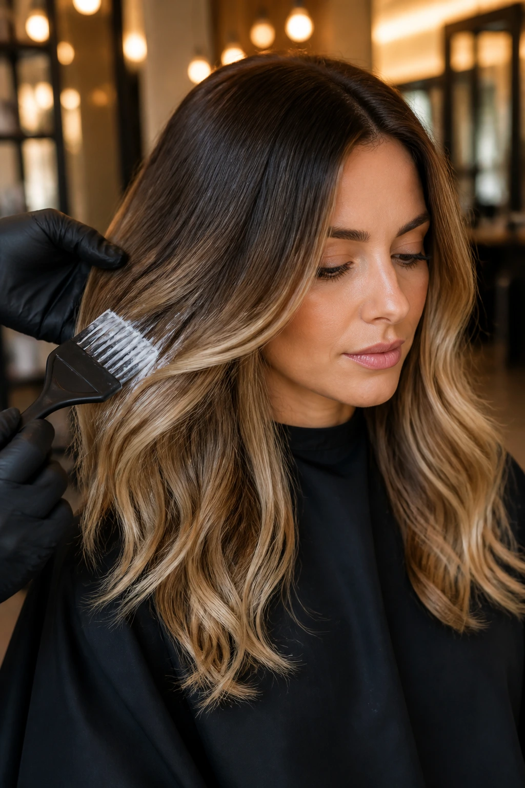 Real woman in salon during gloss refresh for balayage