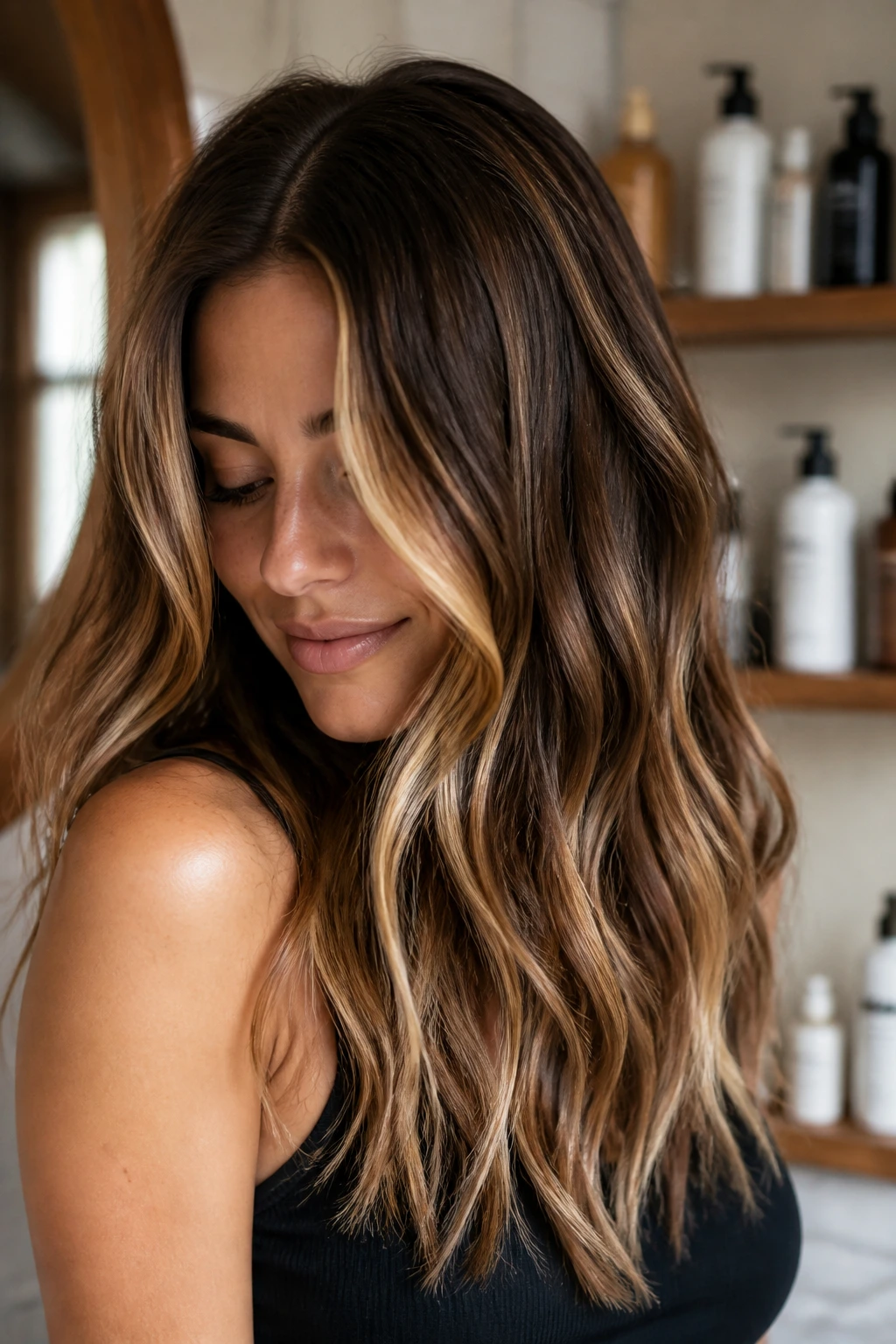 Real person portrait in bathroom with glossy balayage and maintenance focus
