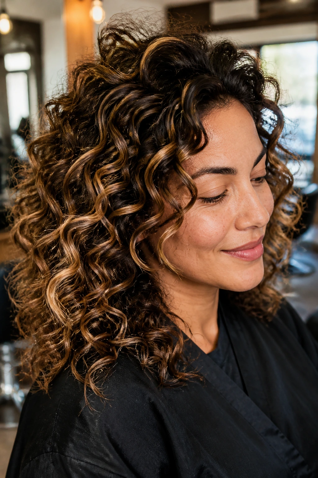 Close-up of curly hair showing arc-based balayage mapping on a real person.
