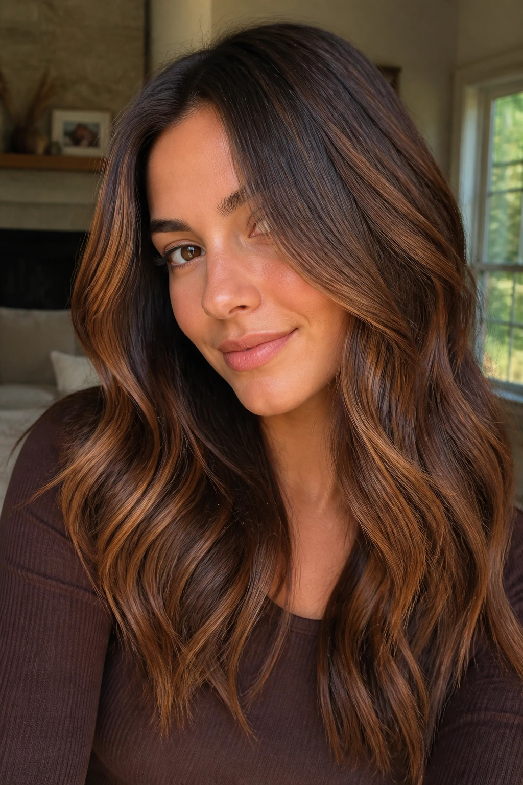 Portrait of brunette with maple syrup balayage ribbons in amber-gold tones