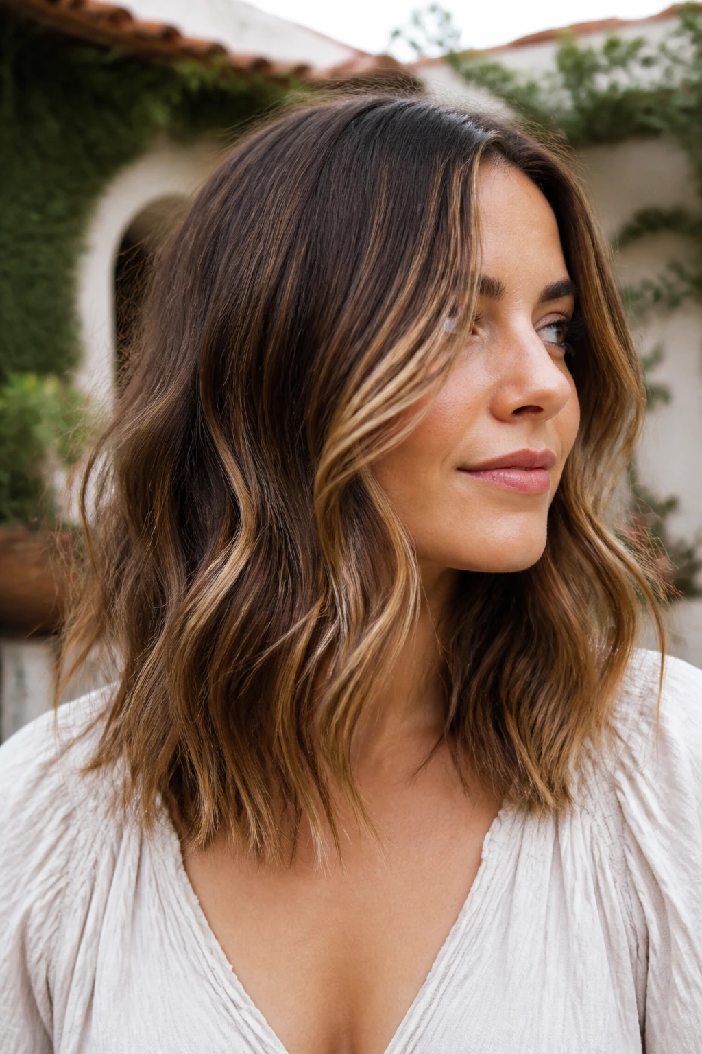 Portrait of person with medium-length balayage showing color melt and movement
