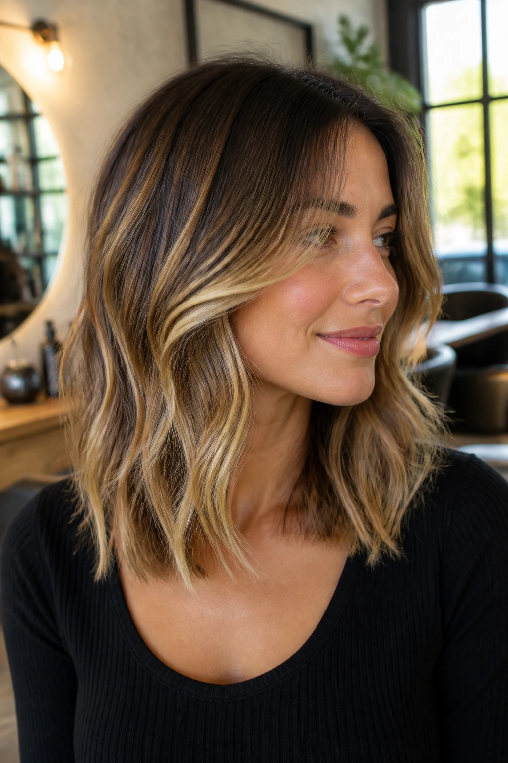 Real woman with mid-length balayage showing gradient and face-framing brightness in a salon