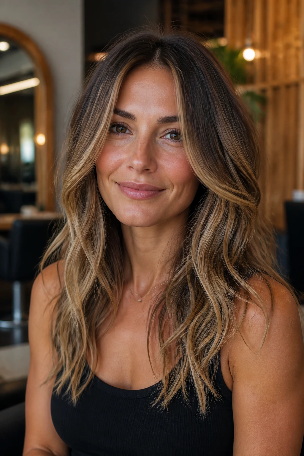 Close-up of a real woman with balayage highlights on mixed-length layered hair.