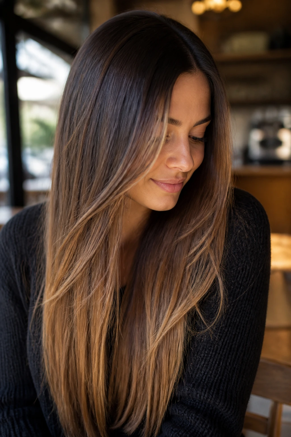 Portrait of a real woman with mocha to caramel balayage melt in warm cafe light