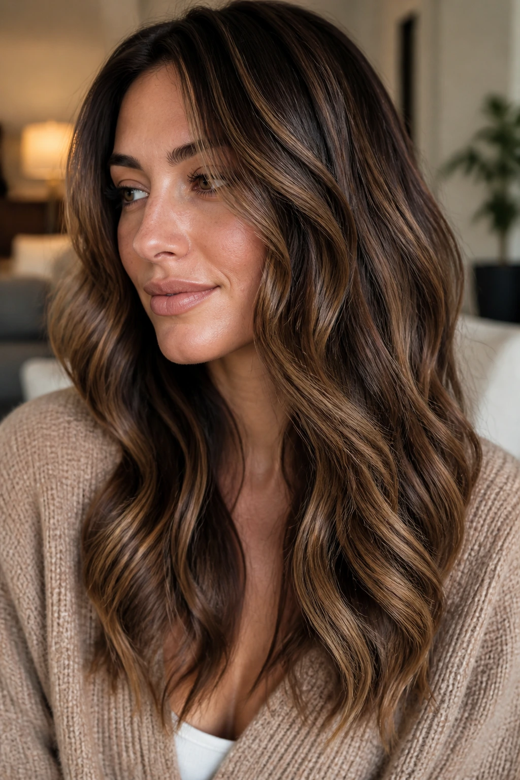 Portrait of a real woman with mocha lowlights and highlights in wavy hair