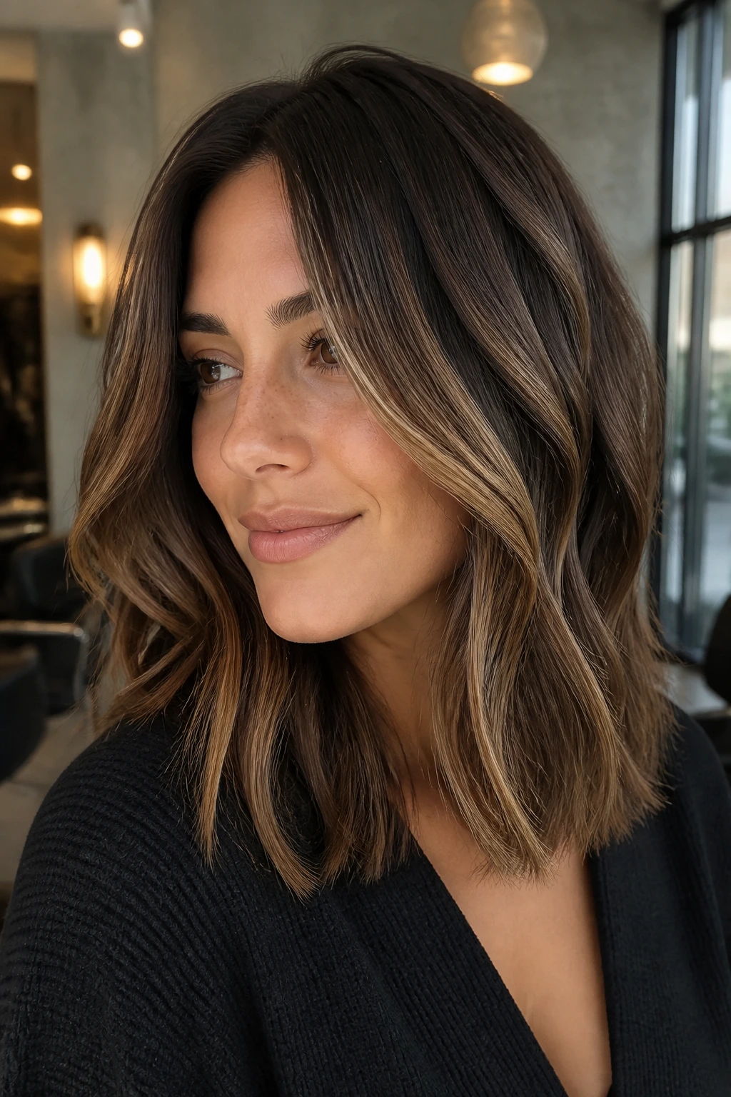 Mocha balayage with ribbon lights showing deep base and light ribbons through mid-lengths