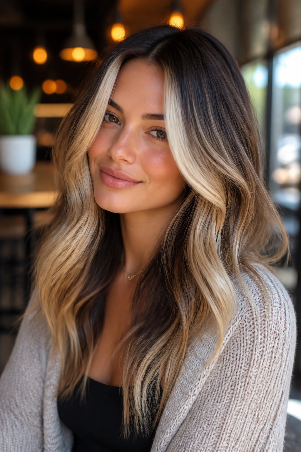 Close-up of bright money piece balayage framing the face