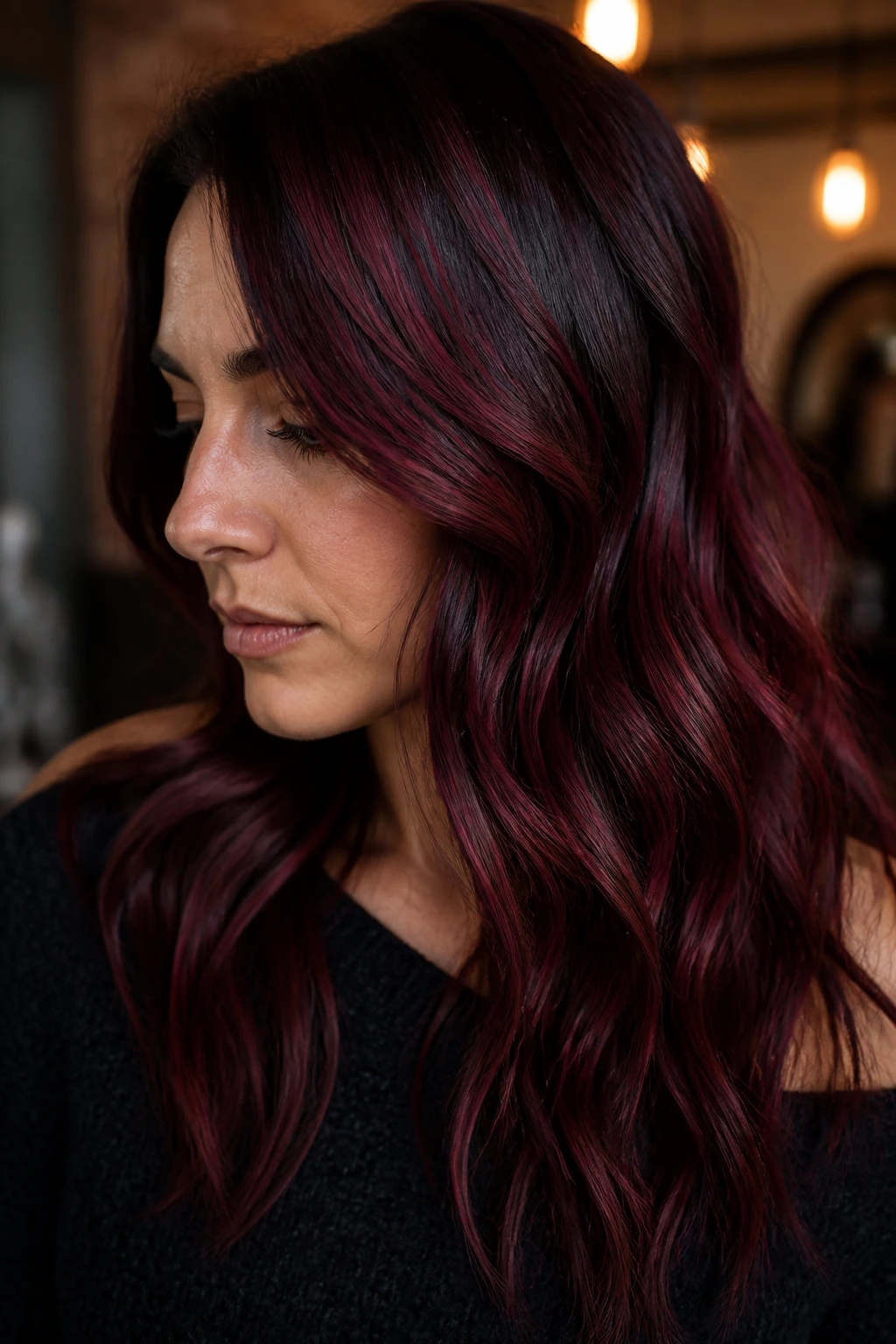 Close-up portrait of a woman with mulled wine balayage in moody light