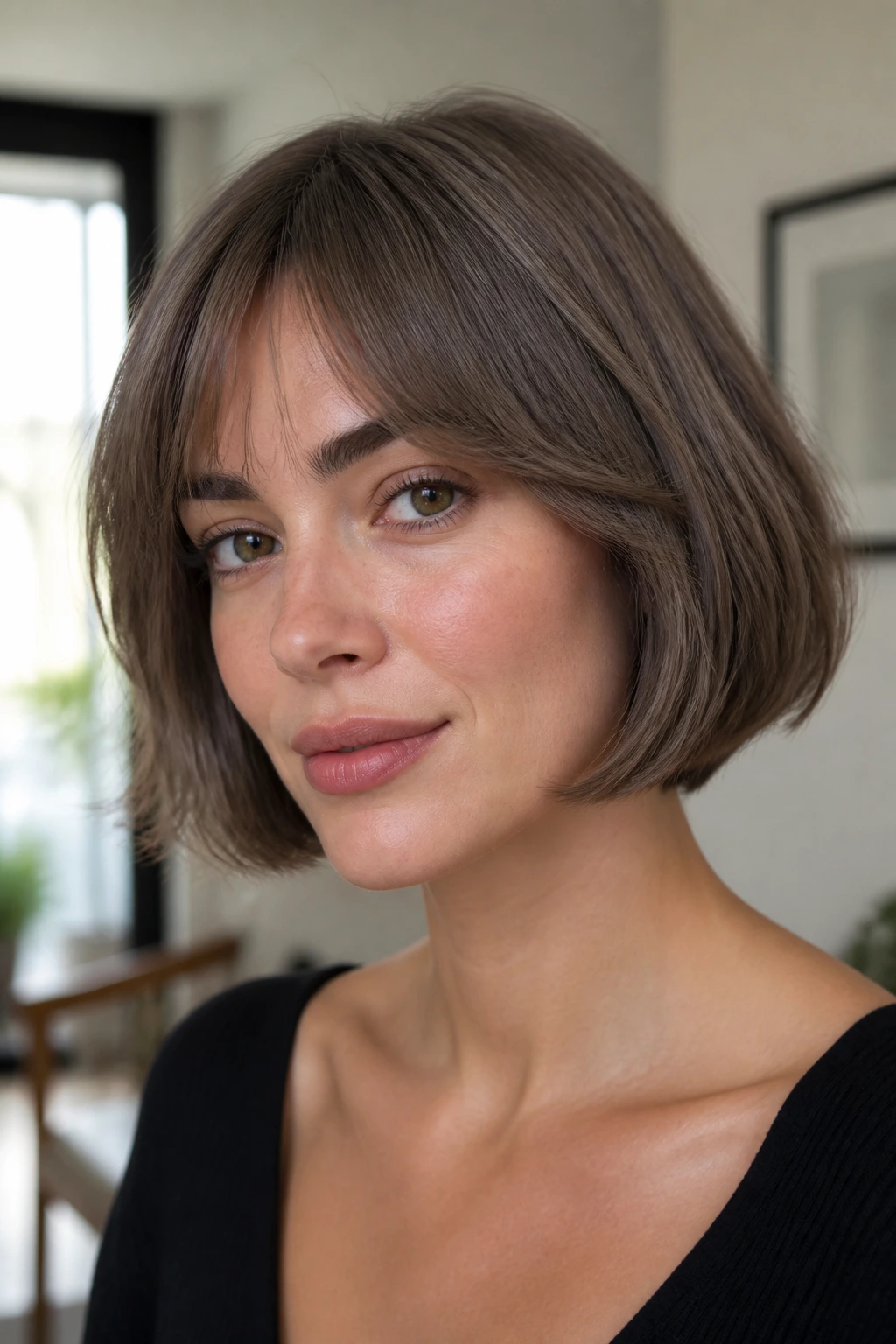 Fringed mushroom brown French bob on a real person