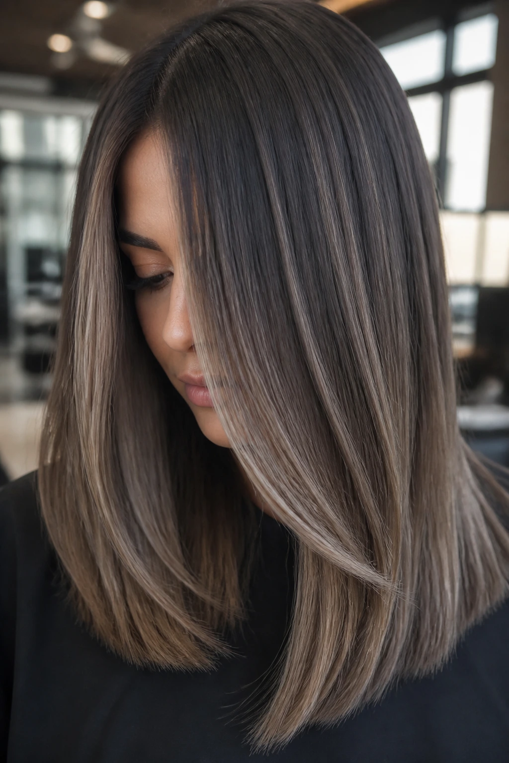 Portrait of a woman with mushroom brown melt balayage on straight hair.
