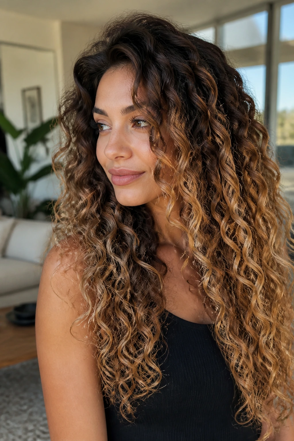 Close-up of a real woman with curly long hair and balayage ombre