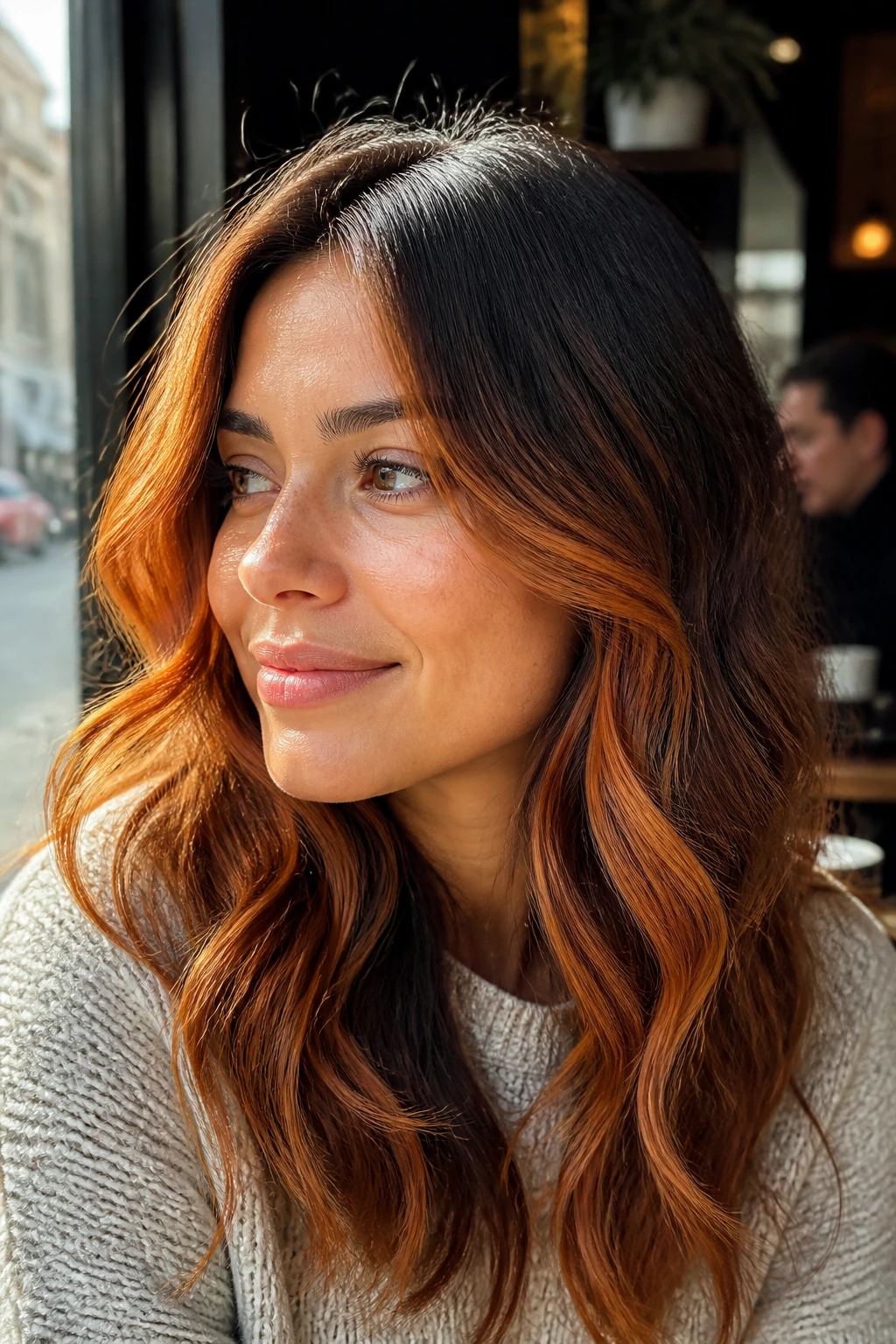 Close-up of brunette hair with sunkissed orange balayage framing the face