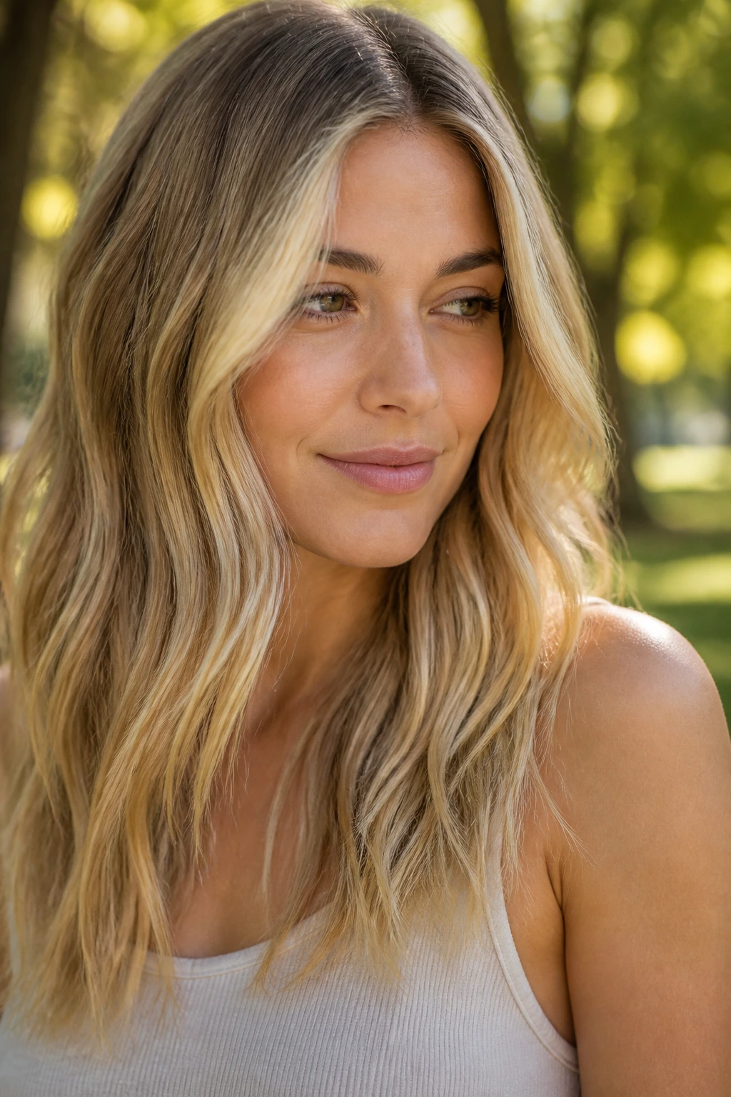 Close-up pale wheat balayage in sun-dappled park setting
