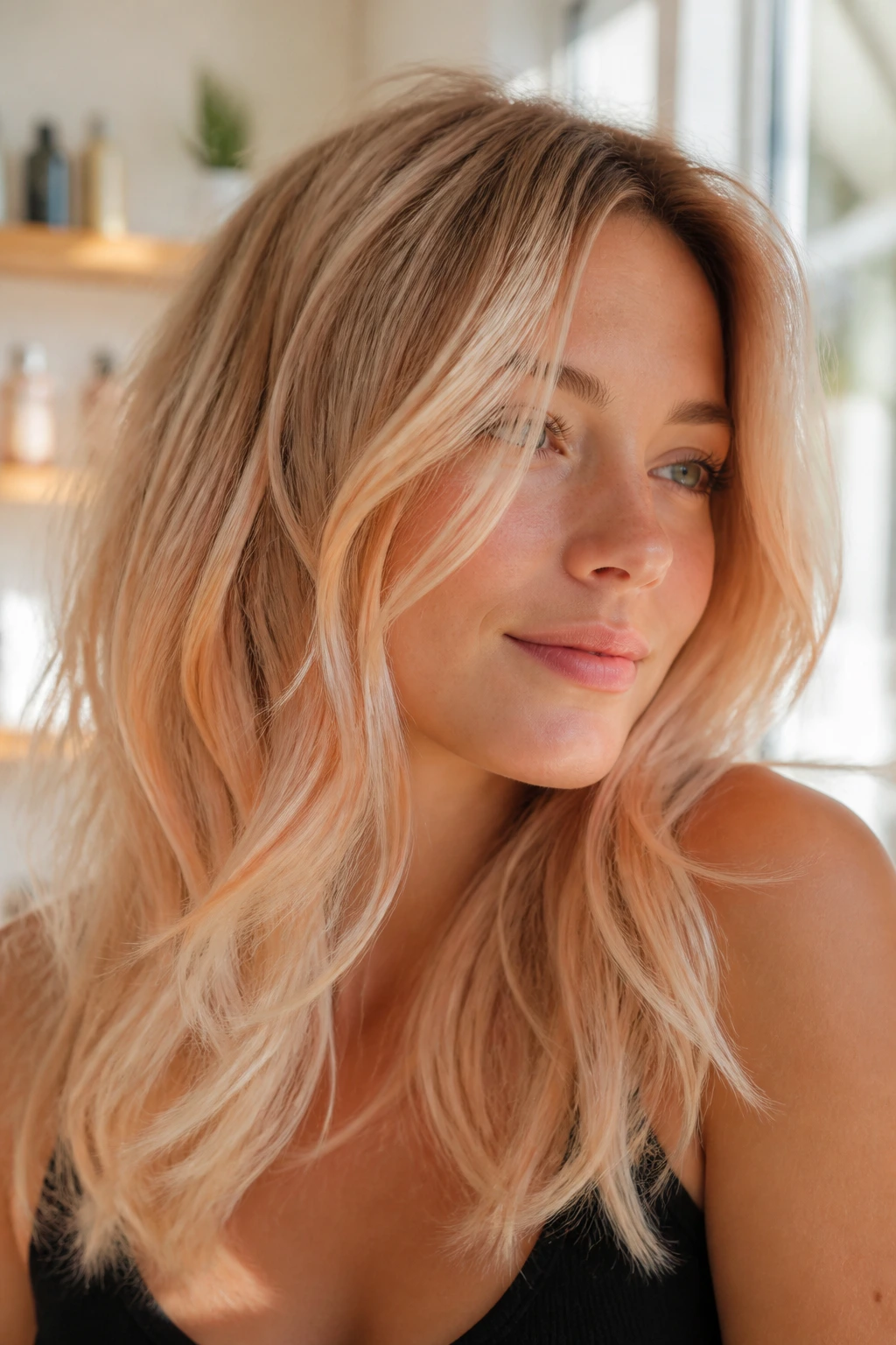 Close-up of a real woman's hair with peachy champagne balayage in a sunlit salon.