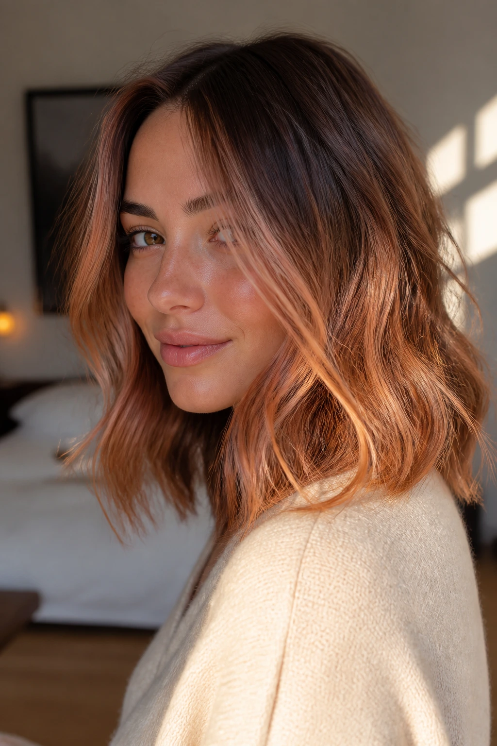 Close-up portrait of a real woman with soft peach copper balayage in warm window light