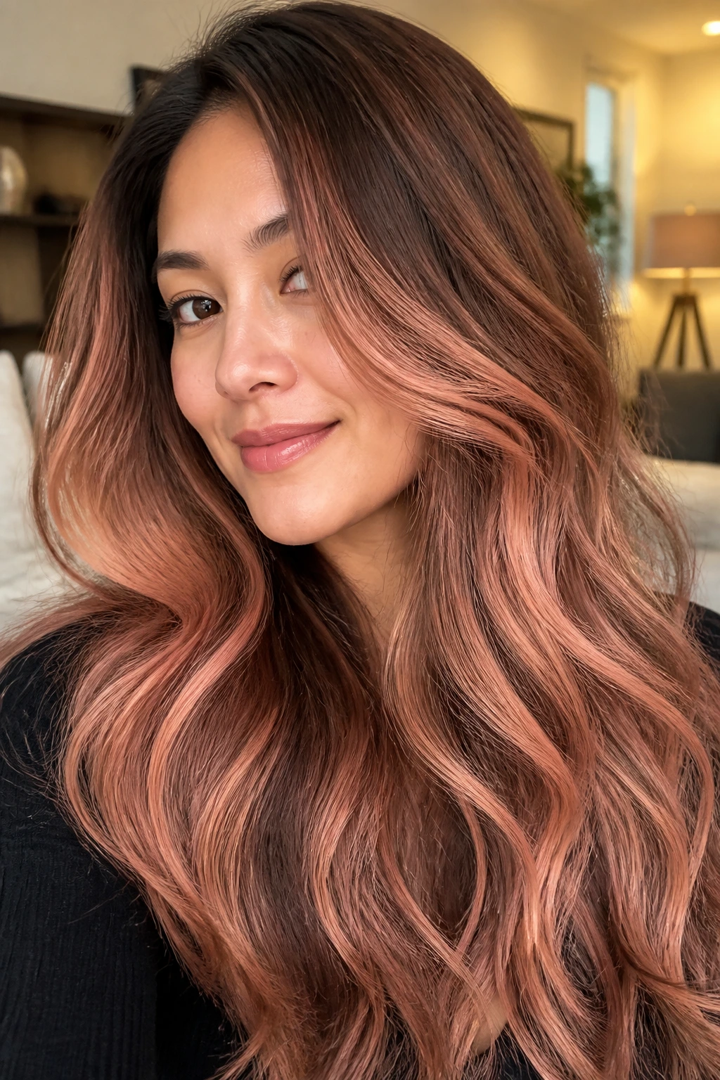 Real person with peach tea balayage and warm peach tones