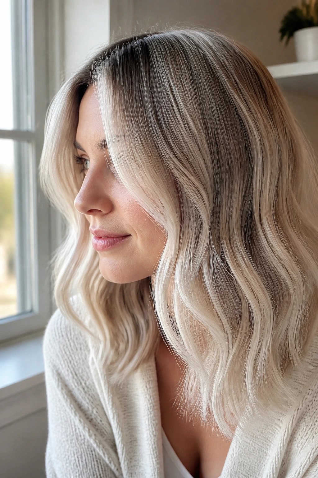 Portrait of woman with Pearl Blonde Balayage featuring milky pearl tones