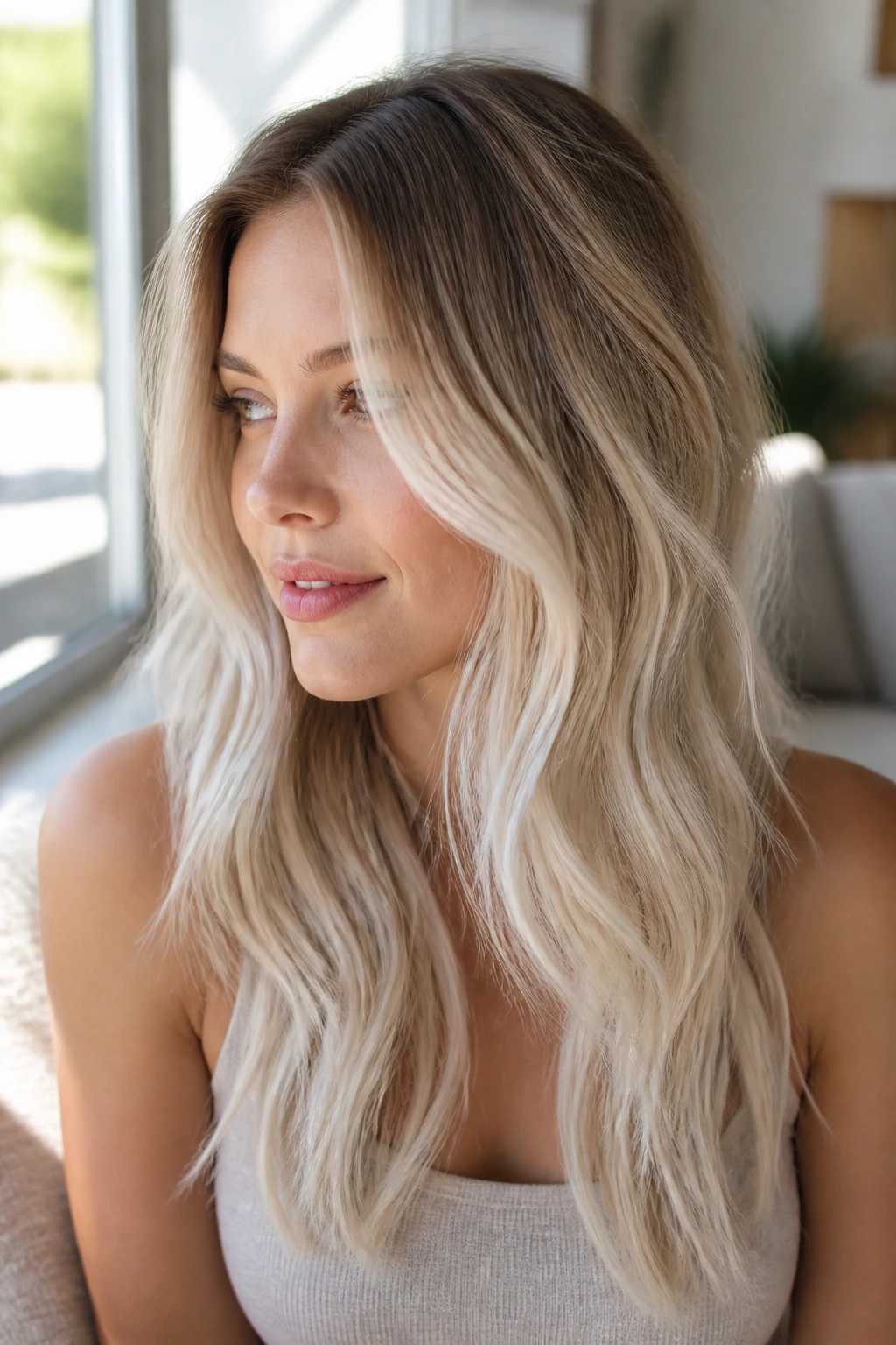 Close-up portrait of a real woman with pearl blonde melt gradient from root shadow to pearl ends