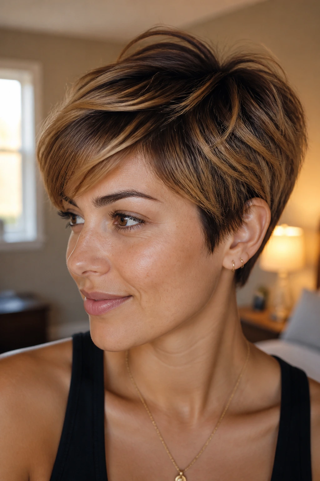 Close-up of a real person with rooted caramel balayage pixie.
