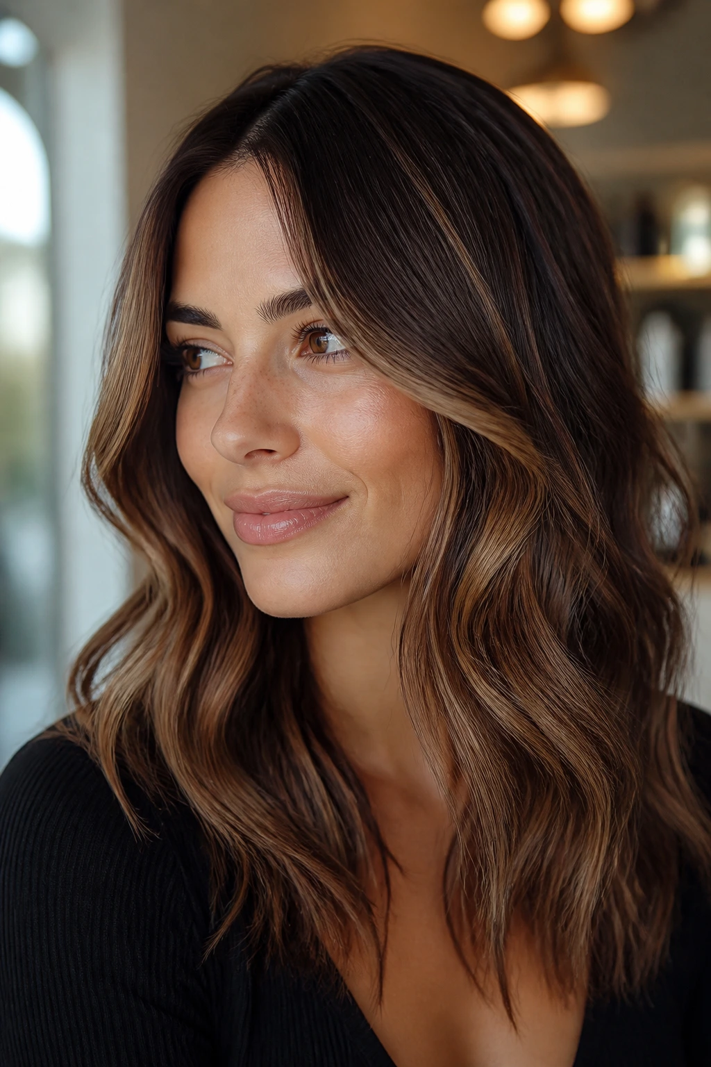 Close-up brunette with balayage ribbons showing placement on the face
