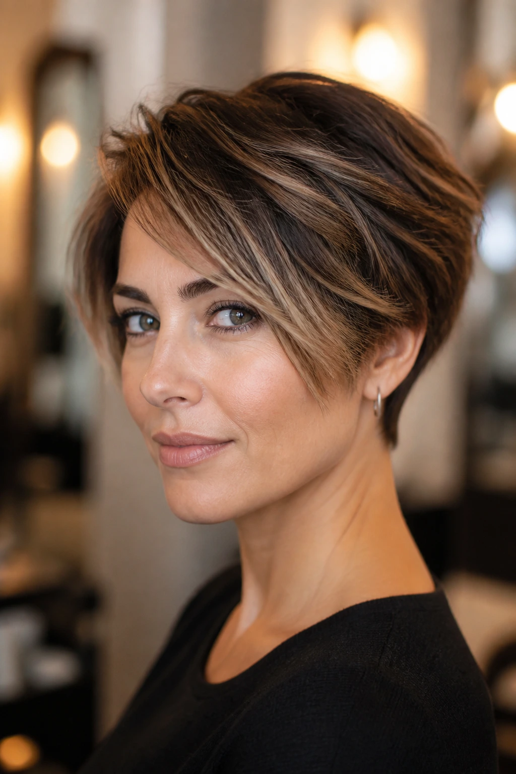 Portrait of a person with short hair showing strategic balayage placement around face.