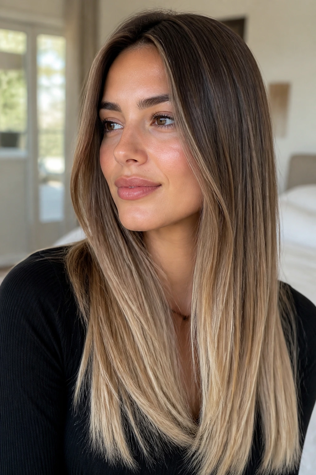 Close-up portrait of a real woman with thoughtfully placed balayage on straight hair