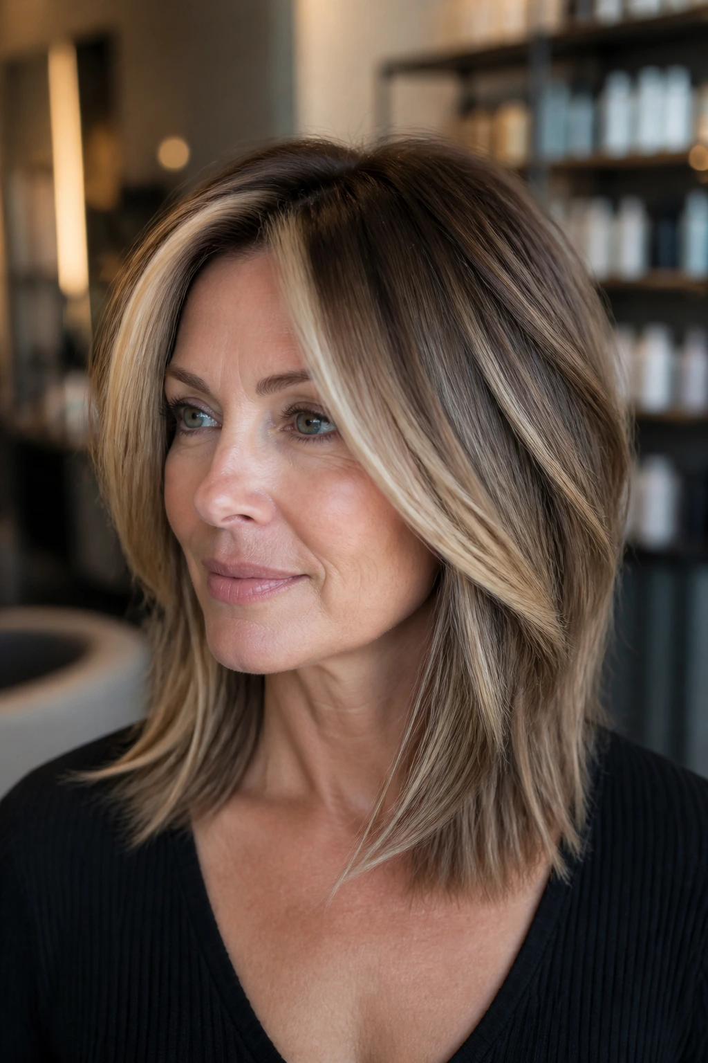 Close-up portrait illustrating strategic balayage placement on thin hair around crown and face