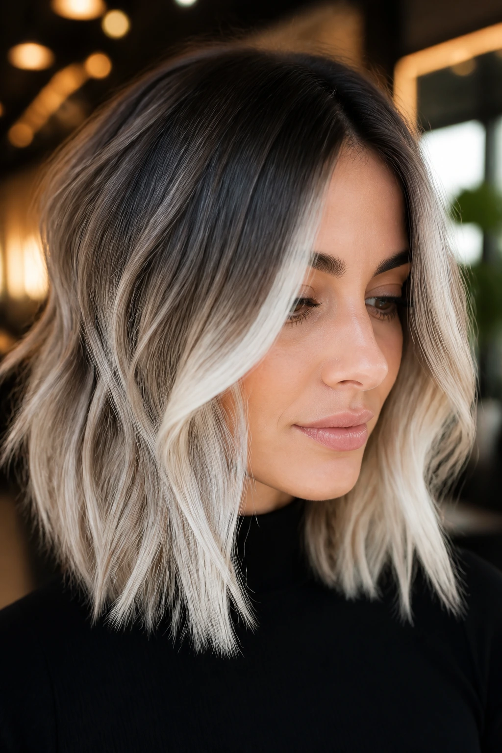 Close-up of platinum-tipped balayage with dark roots on a real person, glossy ends