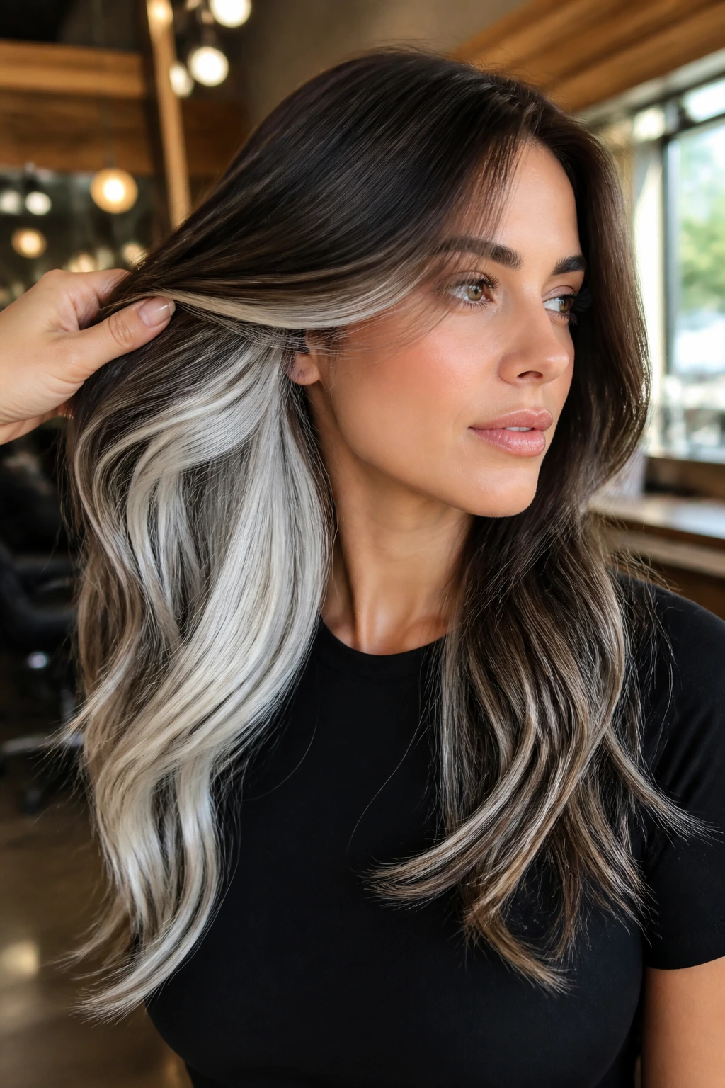 Close-up portrait of a real person showing platinum peekaboo balayage under dark layers in a warm salon