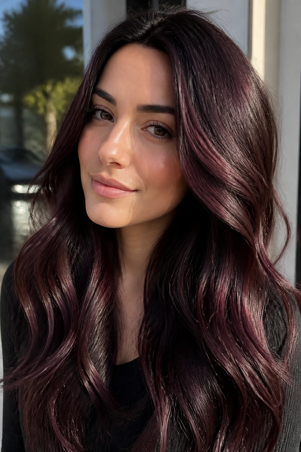 Real person with plum-infused brunette balayage