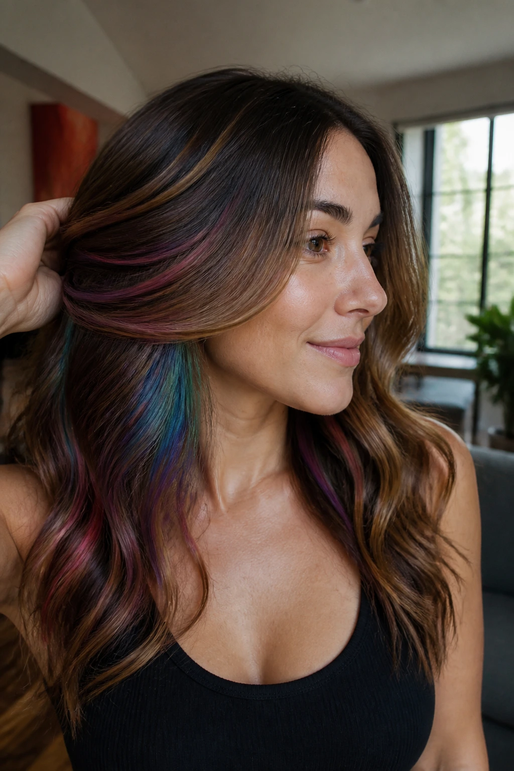 Close-up portrait of a woman with hidden rainbow balayage under the top layers