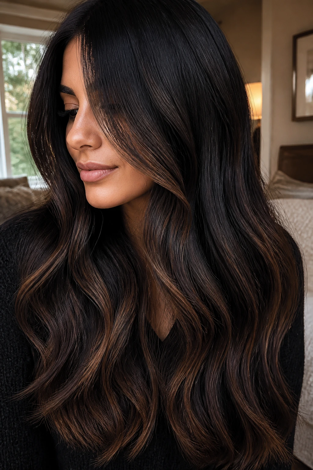 Close-up portrait of a real woman with raven-black hair and subtle caramel balayage ribbons.