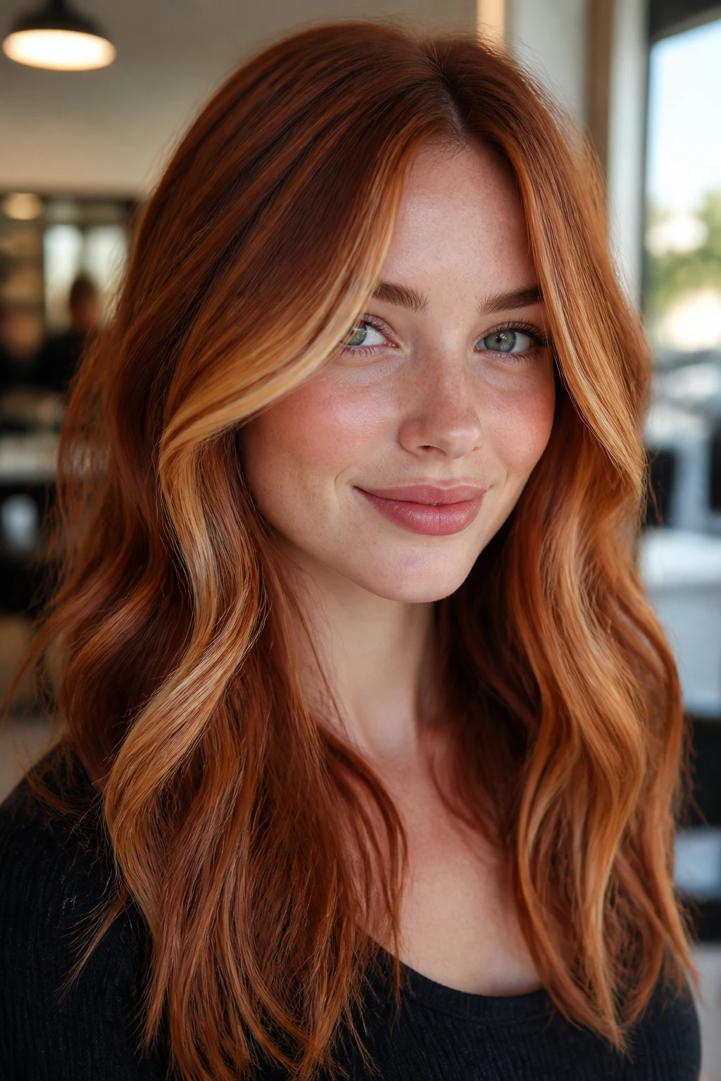 Close-up of a real redhead with face-framing balayage copper tones around the face