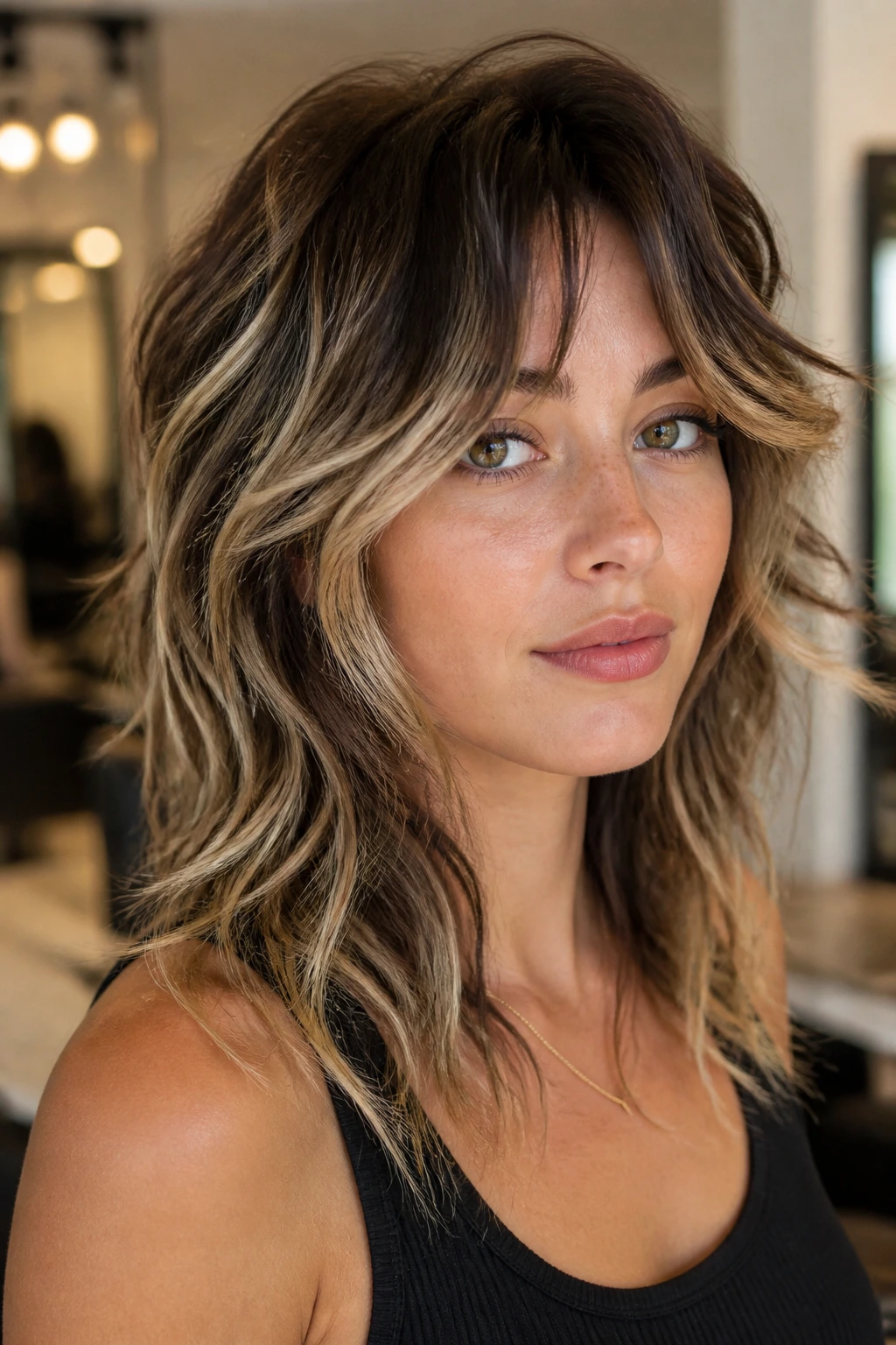 Close-up portrait of a real woman with Balayage Wolf Cut with Ribbon Highlights in a sunlit salon