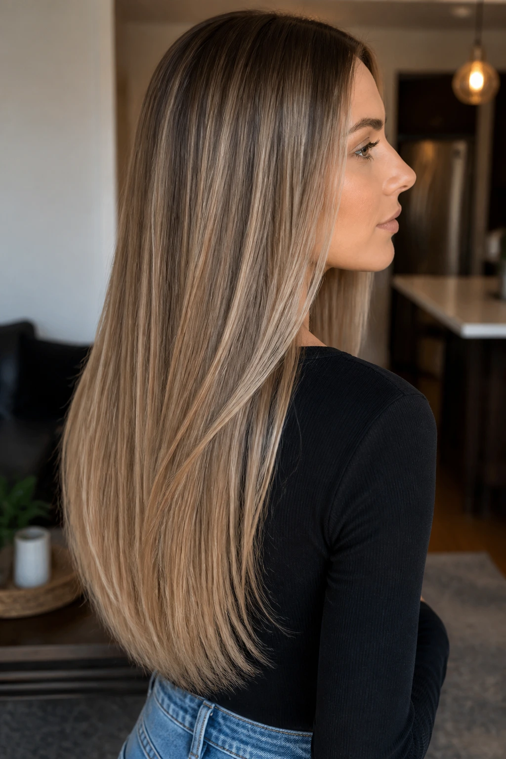 Beige ribbon balayage weaving through mid-back long straight hair