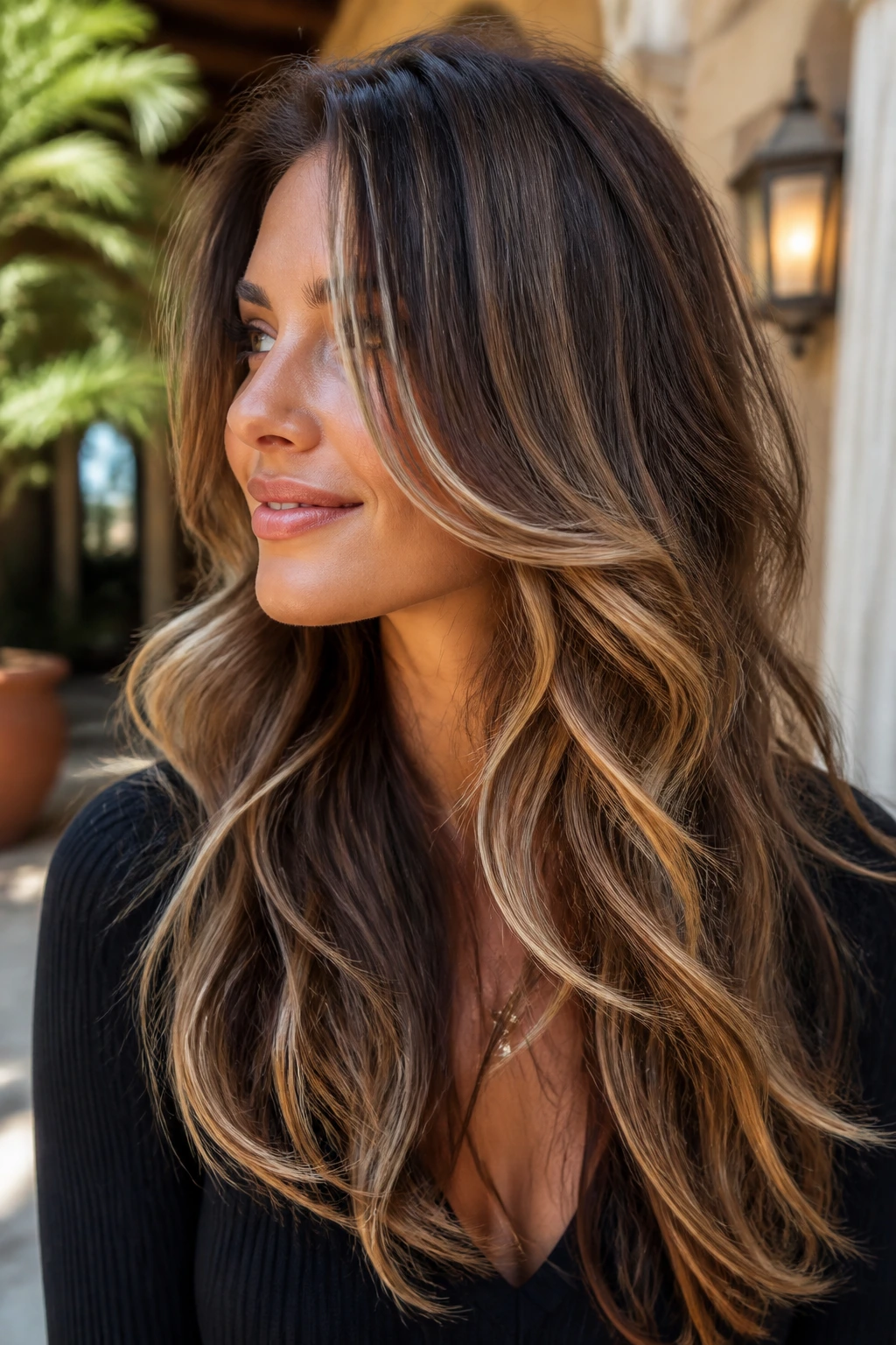 Real person with long layered hair and balayage ribbons catching sunlight