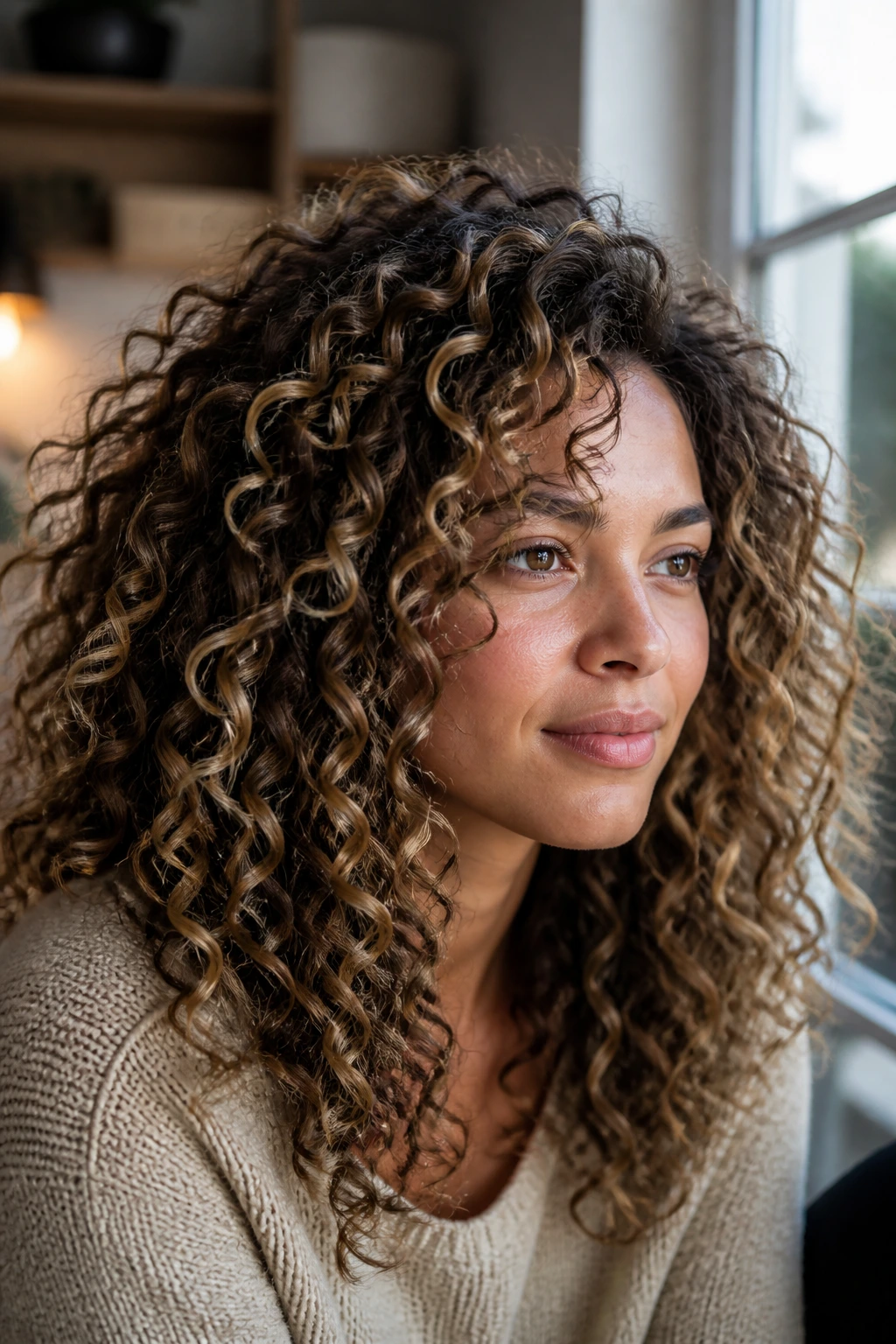 Close-up of a real woman's curly balayage with visible color ribbons.