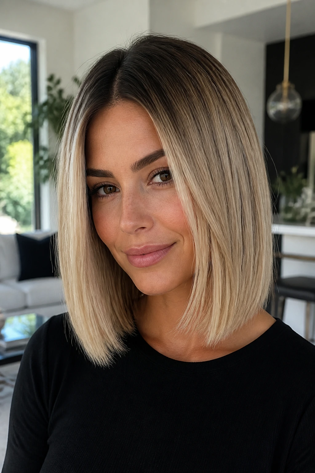 Close-up of a real woman with rooting blonde lob and dark roots blending into blonde mid-lengths
