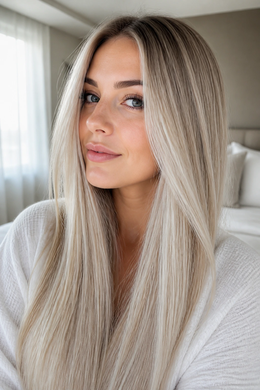Close-up of a real woman with rooted platinum balayage on long straight hair