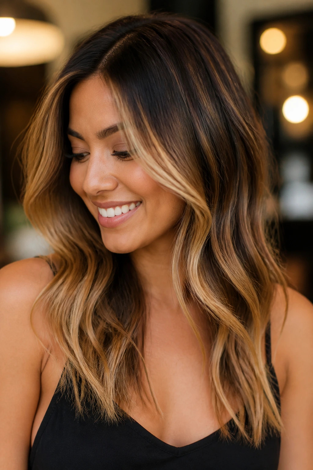 Close-up of a woman with rooted balayage showing color variations.