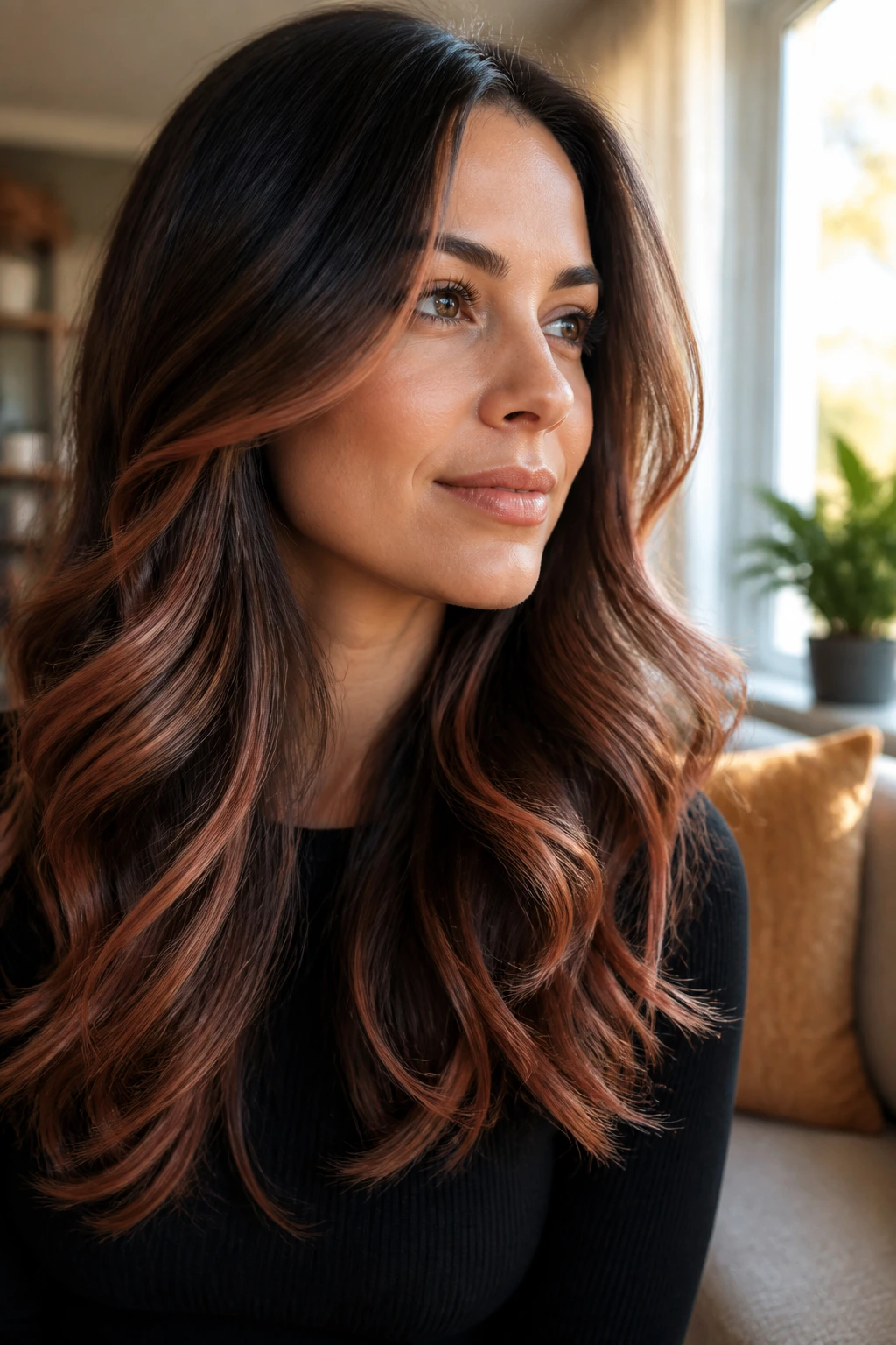 Brunette with soft copper rose balayage close-up portrait